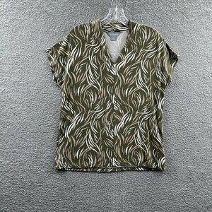Liz Claiborne Women Top Medium Green‎ Geometric Short Sleeve Shirt Stretch